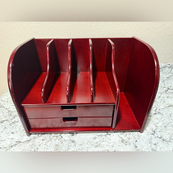 Red Wooden ORGANIZER STORAGE CONTAINER WITH 2 DRAWER LETTERS MAIL BILLS SECTION